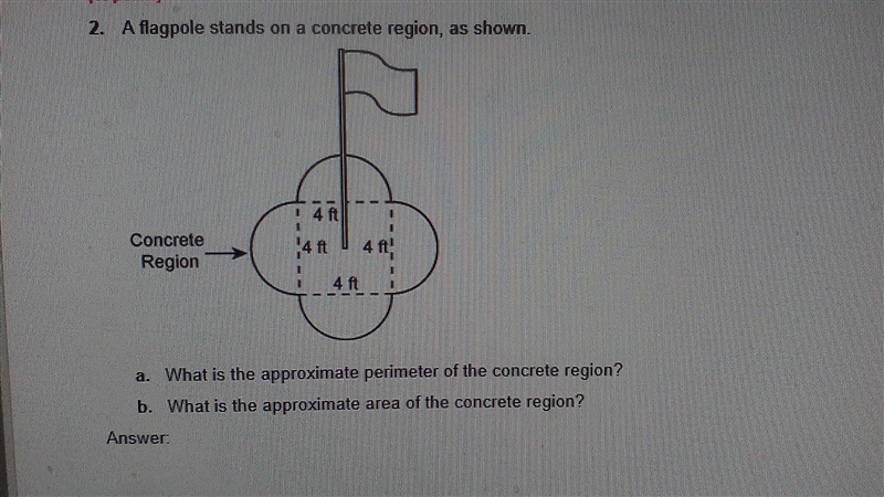 A flagpole stands on a concrete region, as shown. a. What is the approximate perimeter-example-1