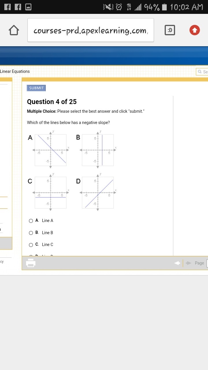 Which of the lines below has a negative slope?-example-1