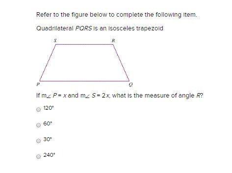 If m P = x and m S = 2x, what is the measure of angle R?-example-1