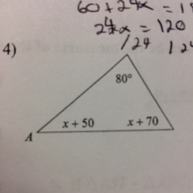 Triangle sum , exterior angle theorem ,triangle inequality find x-example-1