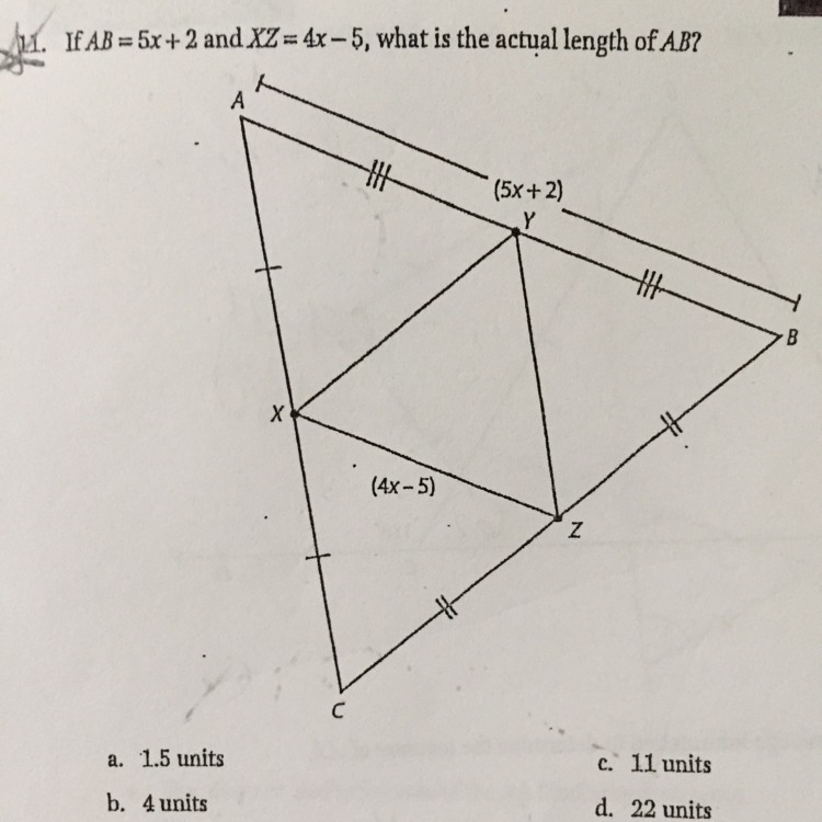 If AB =5x+2 and XZ =4x-5 what is the actual length of AB-example-1