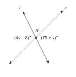 PLEASE HELP ME? The lines s and t intersect at point R. What is the value of y?-example-1