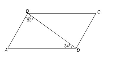 In parallelogram ABCD, m<ABD=83, m<BDA=34, and m<BCD=__-example-1