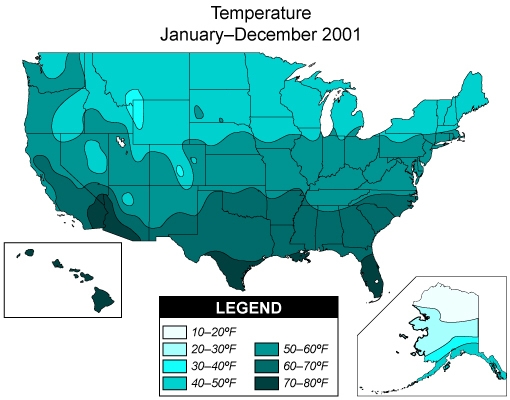 According to the map, what region of the United States has the highest average temperatures-example-1