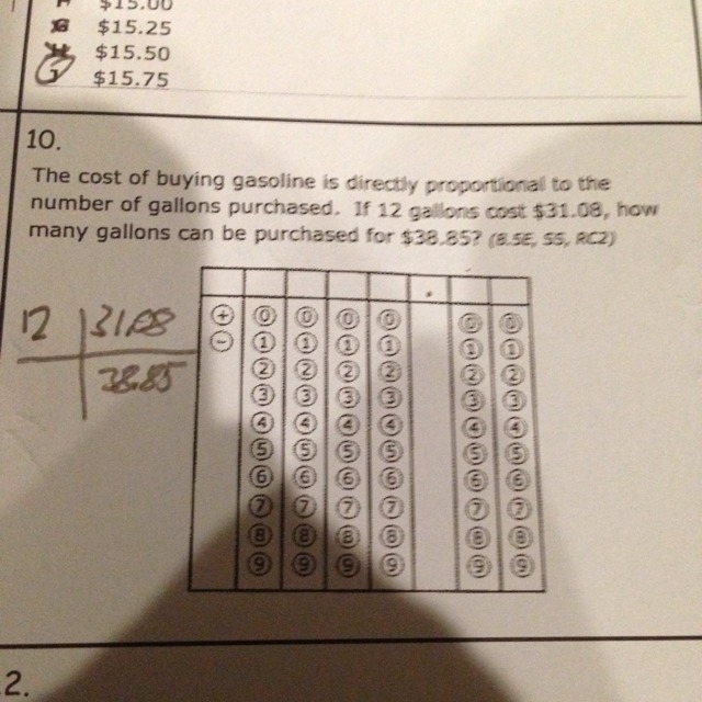 If 12 gallons cost 31.08 how many gallons does 38.85 dollars cost?-example-1