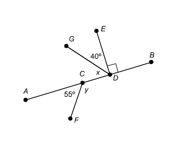 Find the measures of the angles. 1. m∠x 2. m∠y A. m∠x = 50° m∠y = 135° B. m∠x = 125° m-example-1