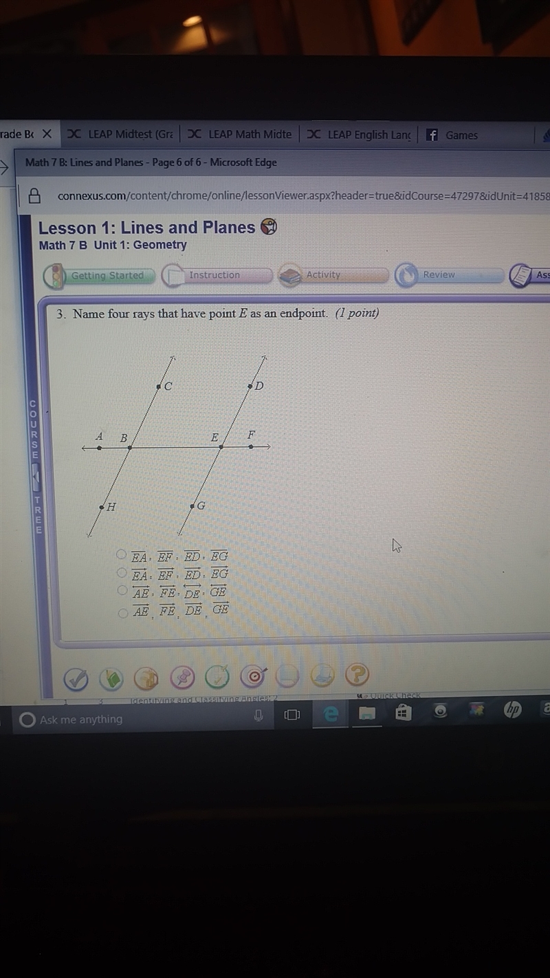 Name four rays that have Point e as an endpoint-example-1