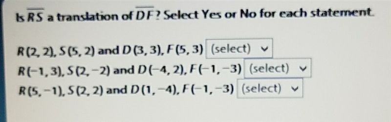 Is RS a translation of DF? Select yes or No for each statement-example-1