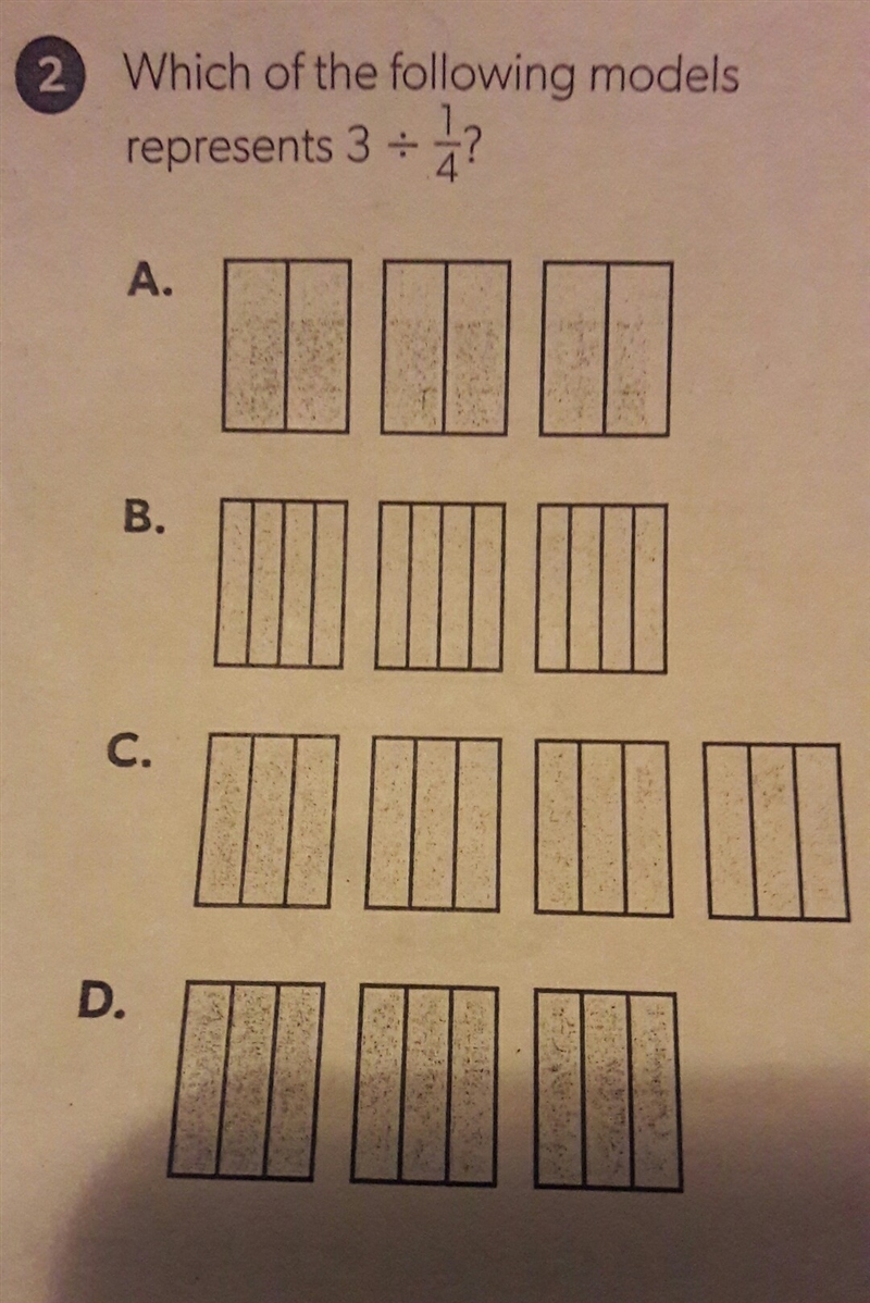 Which of the following models represents 3 ÷ 1/4?-example-1