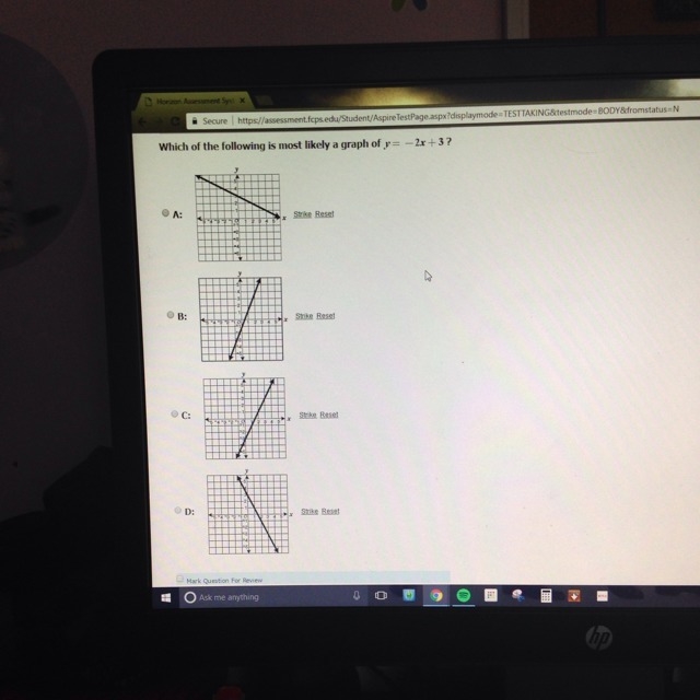 Which of the following is most likely the graph of y= -2x + 3?-example-1