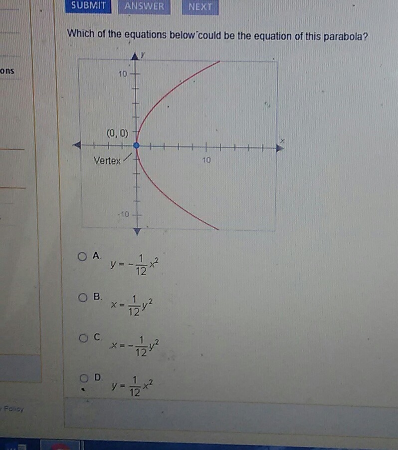 Which of the equations below could be the equation of this parabola-example-1