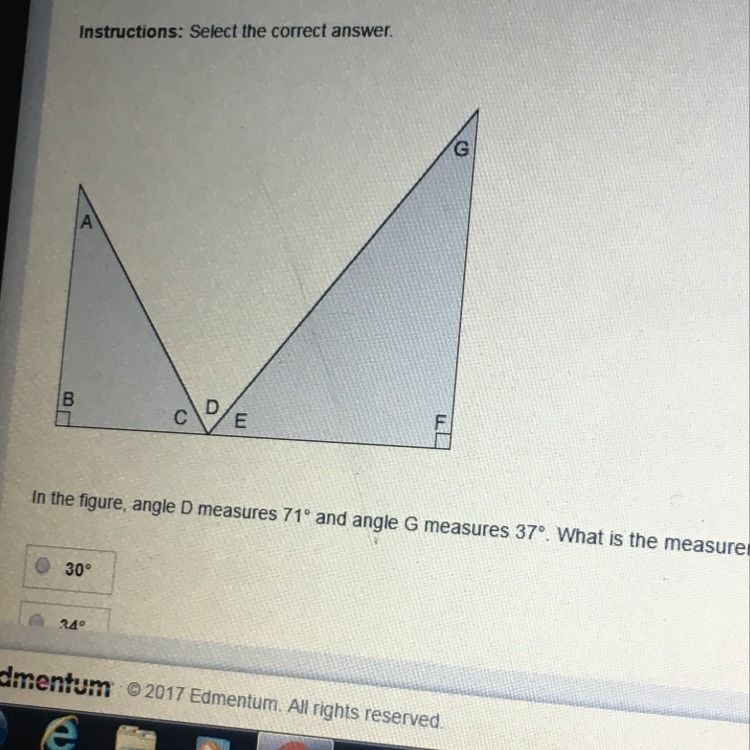 In the figure, angle D measures 71° and angle G measures 37°. What is the measurement-example-1