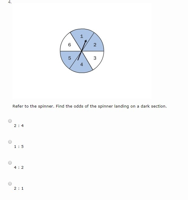 Refer to the spinner. Find the odds of the spinner landing on a dark section.-example-1