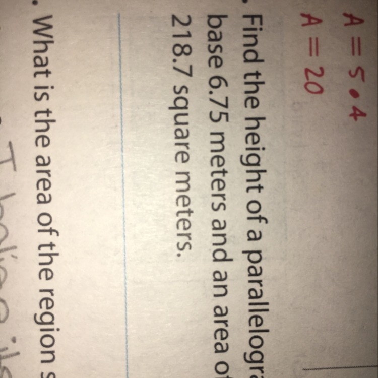 Find the height of a parallelogram with base 6.75 meters and an area of 218.7 square-example-1