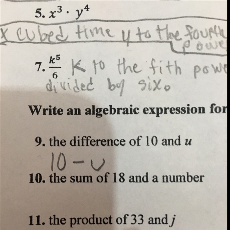 What is the algebraic expression for the difference of 10-u-example-1