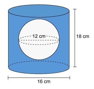 The figure is a cylinder with a sphere within it. What is the volume of the shaded-example-1