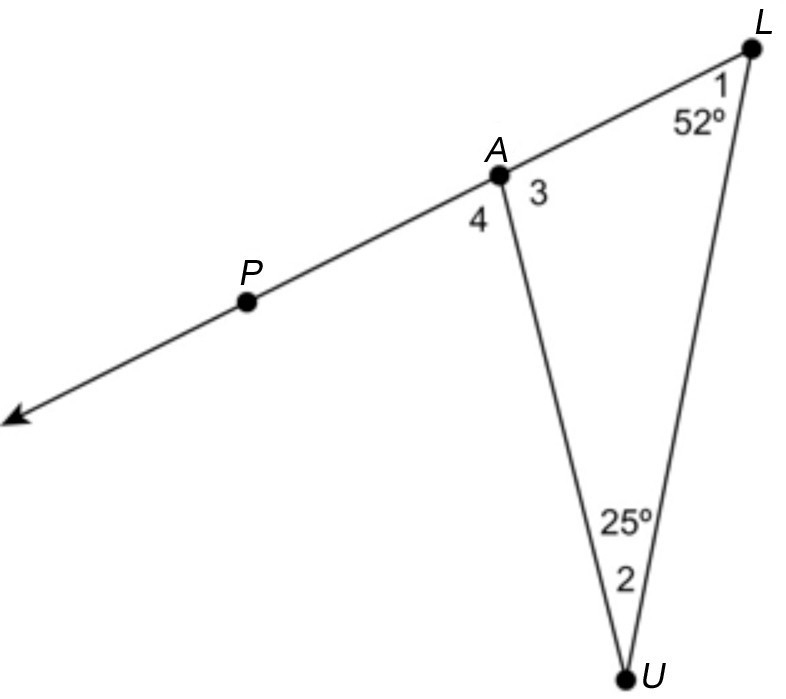 PLEASE HELP!! In the figure, ∠4 is an exterior angle to [] AUL . (a) Explain why m-example-1