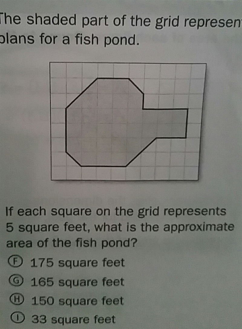 If each square on the grid represents 5 square feet what is the approximate area of-example-1