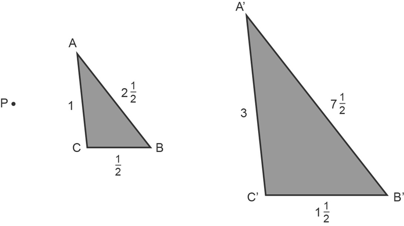 Triangle A’B’C’ is a dilation of triangle ABC about point P. A. enlargement B. reduction-example-1