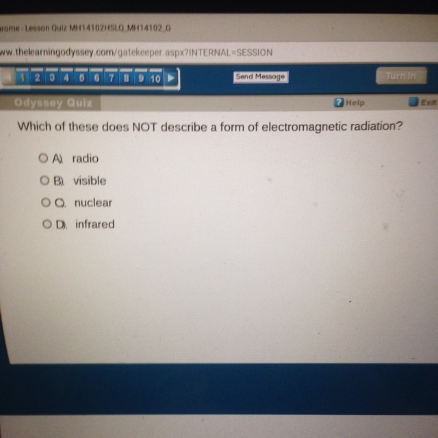 Which of these does not describe a form of electromagnetic radiation? A ) radio. B-example-1