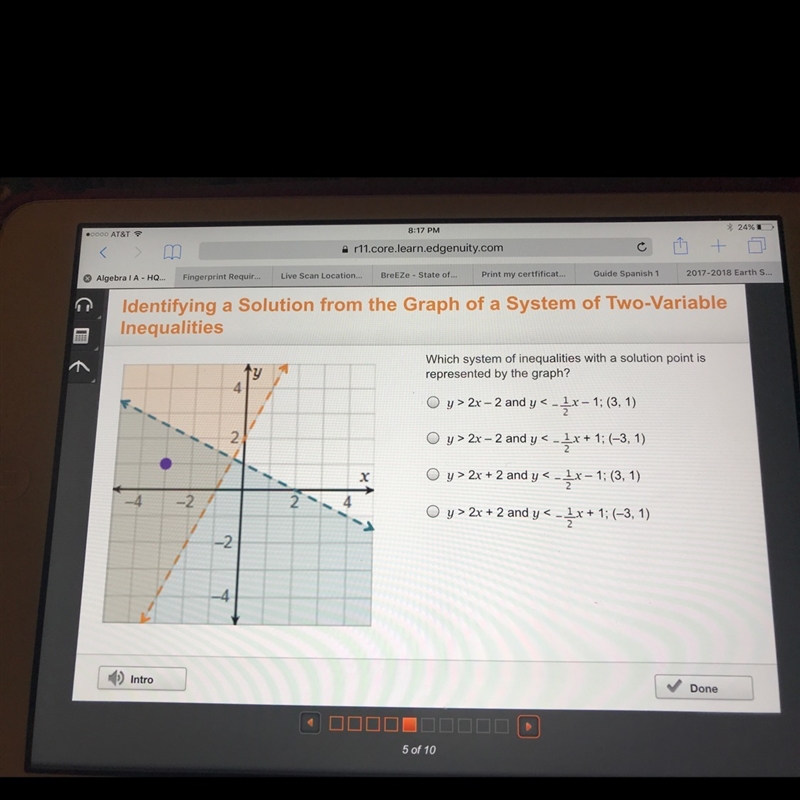 Which system of inequalities with a solution point is represented by the graph?-example-1