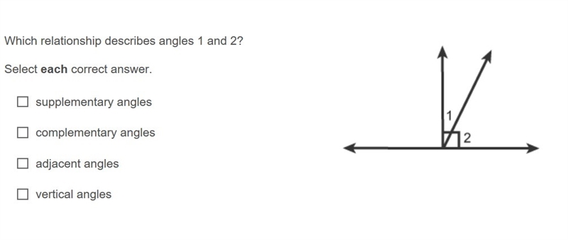 Which relationship describes angles 1 and 2? SELECT EACH CORRECT ANSWER!!!!-example-1