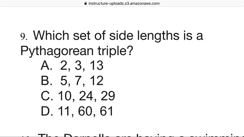 Which set of side lengths is a Pythagorean triple?-example-1