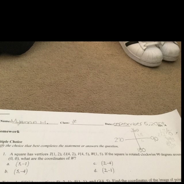 A square has vertices T(1,2), U(4,2), V(4,5), W(1,5). If the square is rotated clockwise-example-1