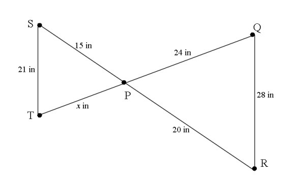 Given that ΔPQR is similar to ΔPTS, what is the value of x? A) 16 in B) 18 in C) 19 in-example-1