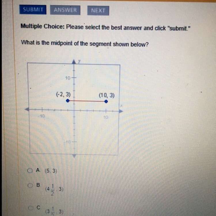 What is the midpoint of the segment shown below? (-2, 3) (10, 3)-example-1