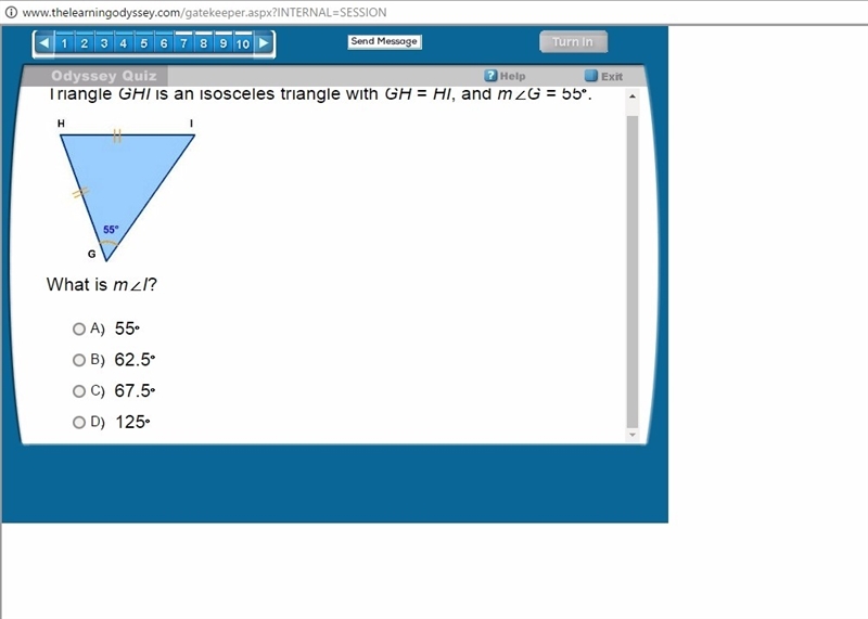 7. Triangle GHI is an isosceles triangle with GH = HI, and mG = 55. What is mI? 8.What-example-1