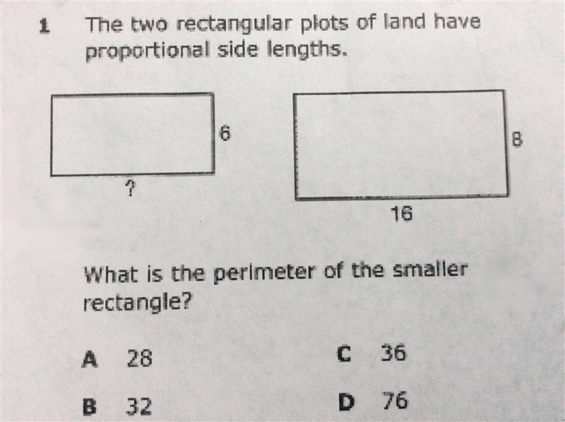 The two rectanglular plots of land has proportional side lengths. What is the perimeter-example-1