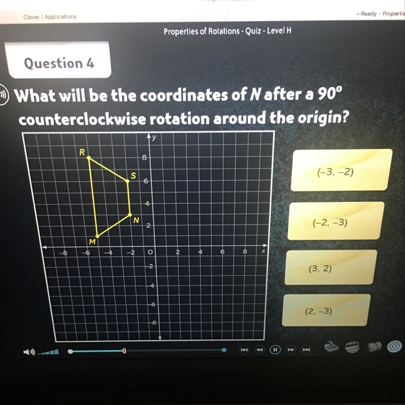 What will be the coordinates of N after a 90 degree counterclockwise rotation around-example-1