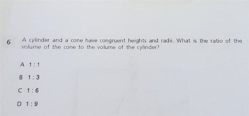 A cylinder and a cone have congruent heights and radii. What is the ratio of the volume-example-1