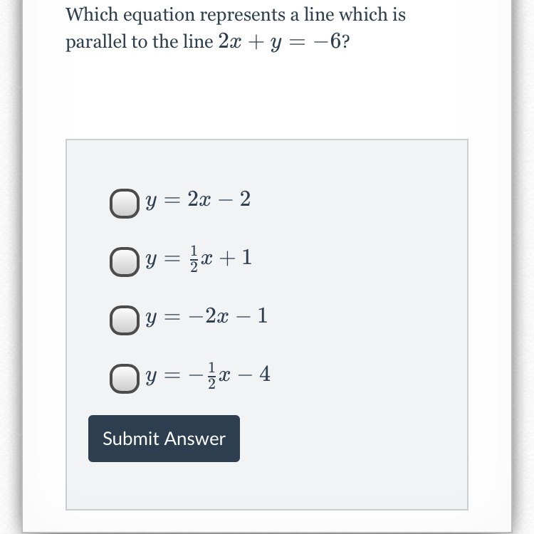 Which equation represents a line which is parallel to the line 2x+y=-6?-example-1