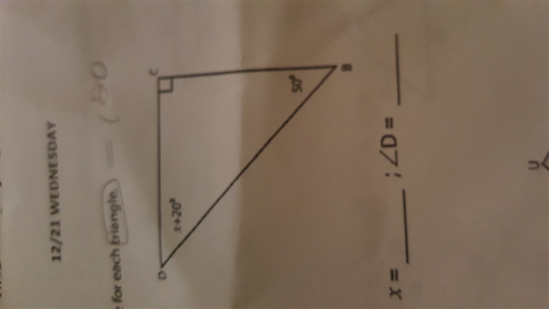 Find the value of x and unknown interior angle for each triangle-example-1