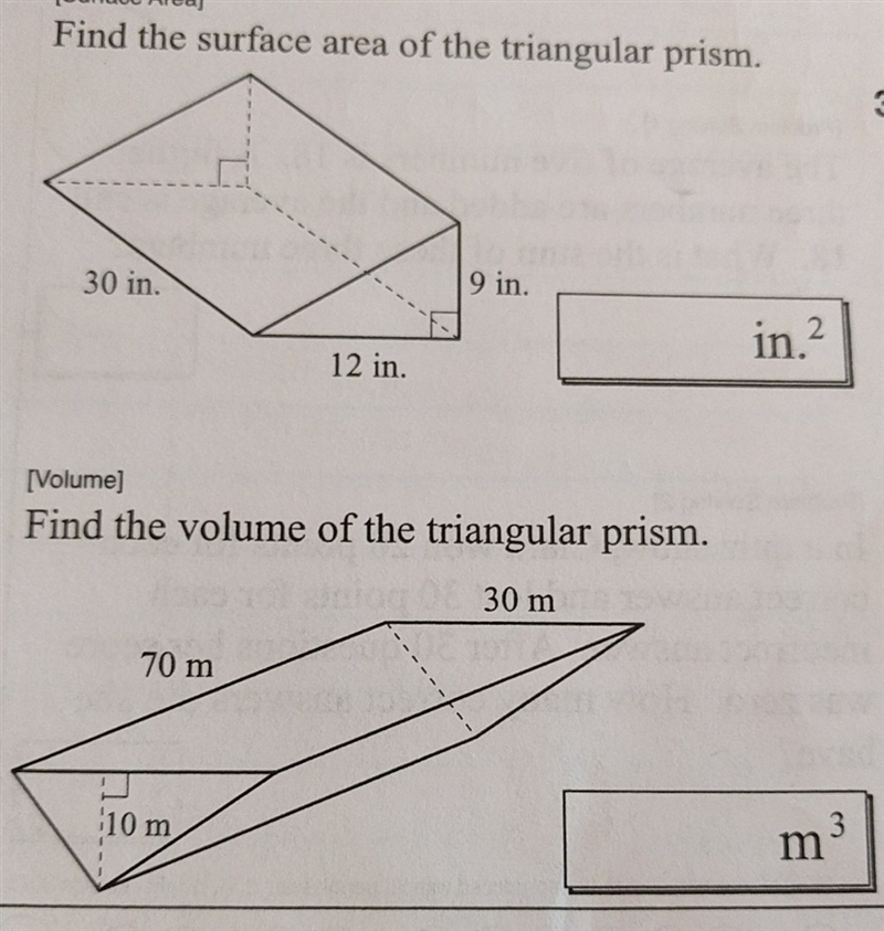 Find the surface area of the triangular prism. 30 in. 9 in. in. 12 in. Find the volume-example-1