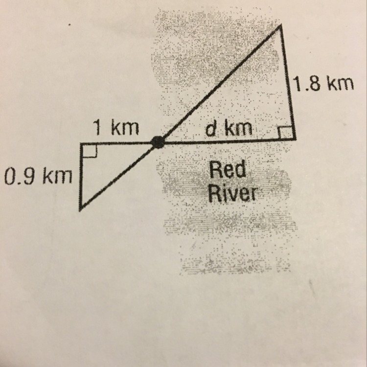 The 2 triangles shown in the figure are similar. Find the distance "d" across-example-1