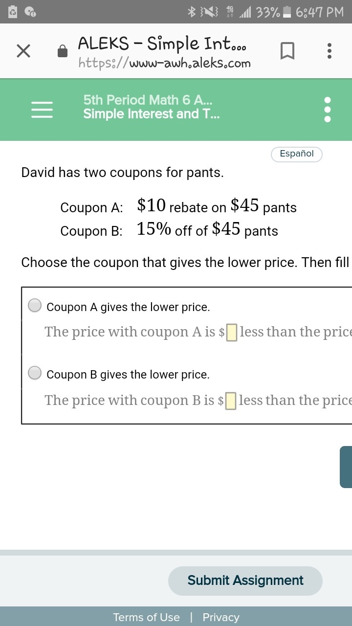 Please chose which gives the lower price (coupon A or coupon B). please explain and-example-1