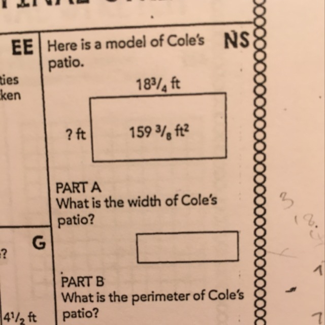 If the length is 18 3/4 and the whole area is 159 3/8 then what's the width? What-example-1