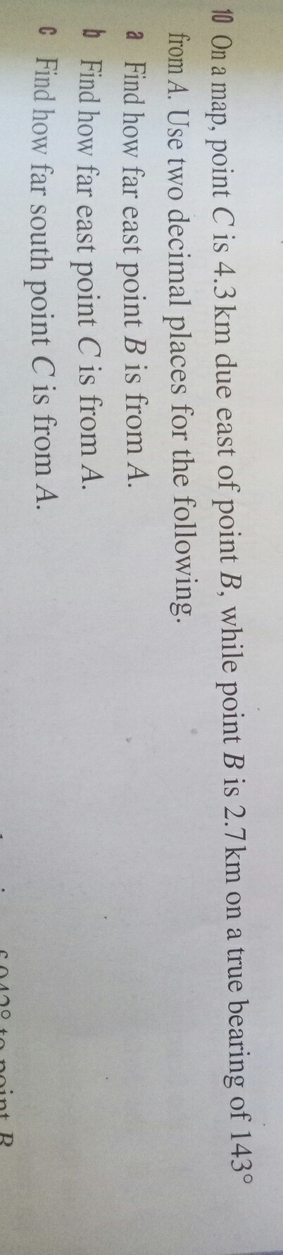 on a map, point c is 4.3km due east of point b, while point b is 2.7km on a true bearing-example-1