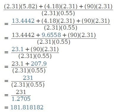 Evaluate. Be smart. (2.31∙5.82+4.18∙2.31+90∙2.31)÷2.31∙0.55-example-1