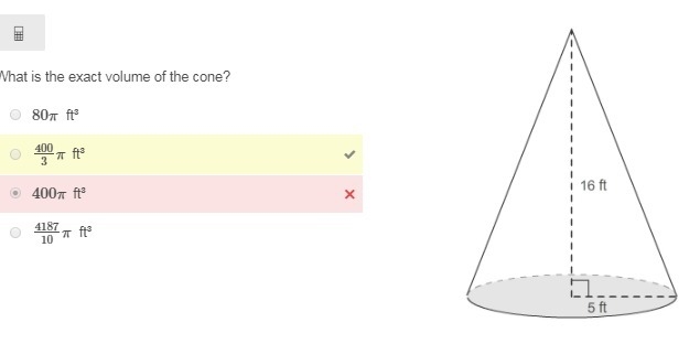 What is the exact volume of the cone? 80π ft³ 4003π ft³ 400π ft³ 418710π ft³-example-1