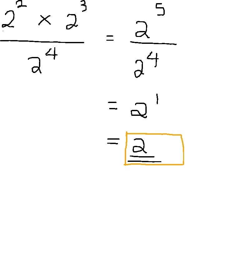 What is the simplified expression for 2 power 2 multiplied by 2 power 3 over 2 power-example-1