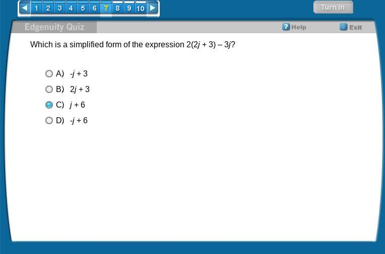 Which is a simplified form of the expression 2(2j + 3) – 3j? A. -j + 3 B. 2j + 3 C-example-1