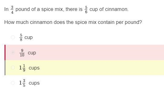 In 3/4 pound of a spice mix, there is 5/6 cup of cinnamon. How much cinnamon does-example-1