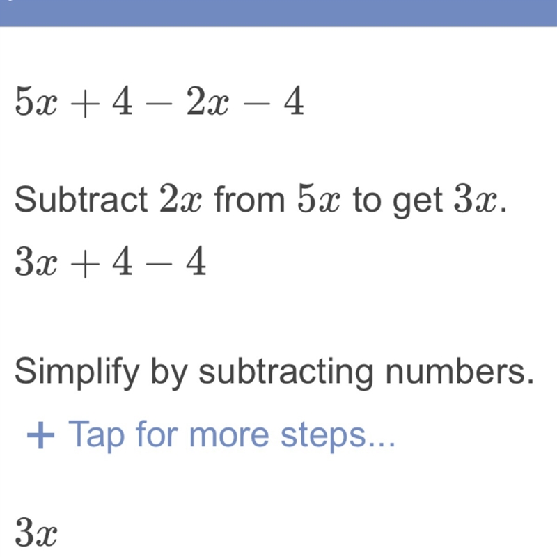 Subtract 5x+4 from 2x-4 simplify if possible-example-1