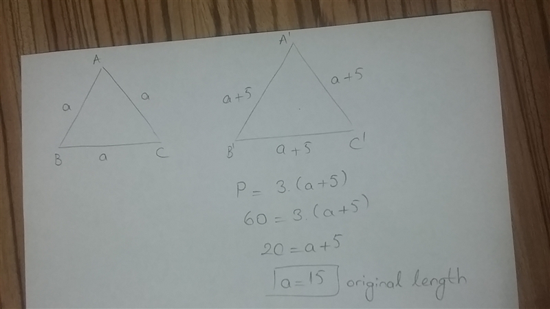 The length of each side of an equilateral triangle is increased by 5 inches so the-example-1