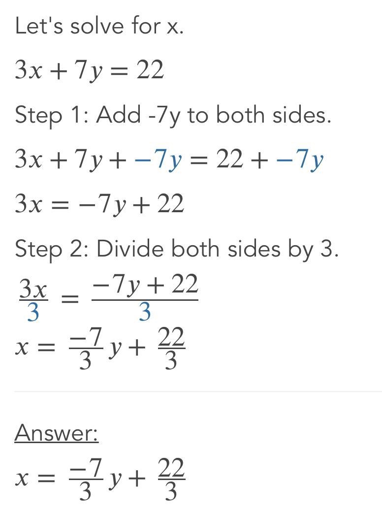 Solve the system of linear equations by substitution. x+4y=14 3x+7y=22-example-4