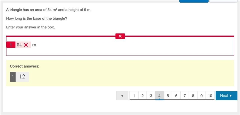 A triangle has an area of 54 m 2 2 and a height of 9 m. How long is the base of the-example-1